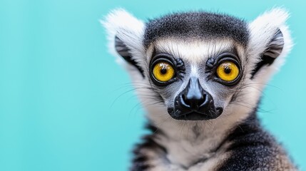 Fototapeta premium Close-up of lemur face against teal background. Potential use Wildlife animal subject