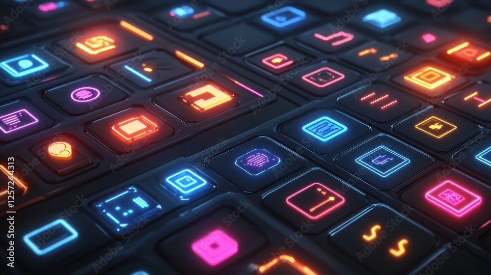 Poster Array of futuristic buttons with colorful glowing neon icons