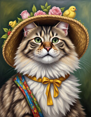 A whimsical portrait of a fluffy cat adorned with a straw hat, flowers, and playful chicks, showcasing a charming and cheerful atmosphere.