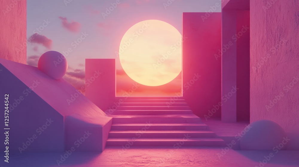 Poster abstract architecture with a staircase leading to a surreal sun