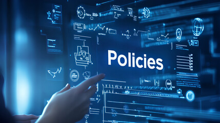 Policy documentation and compliance concept. A person reviews digital document labeled "Policies" with icons, checklists, certifications, and financial detail. policy management, regulatory compliance