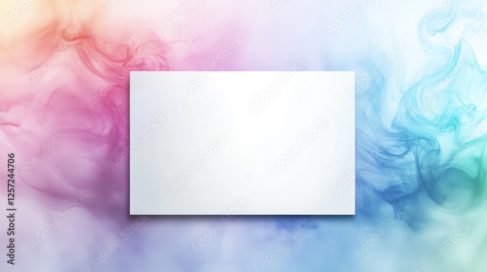 Poster blank white rectangle floats over an abstract colorful smoke background