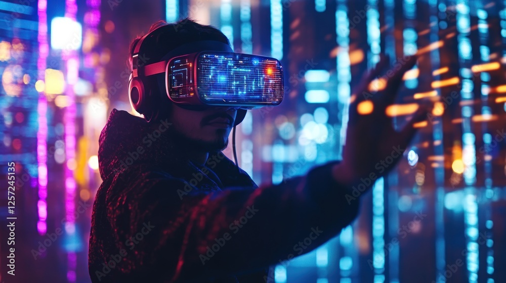 Poster Man immersed in virtual reality with a digital interface