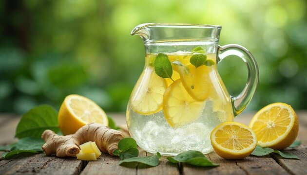 Refreshing Citrus Infusion, Lemon and Ginger Elixir on Rustic Wood Table