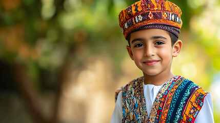 Fototapeta premium A boy wearing traditional Moroccan attire playing outdoors