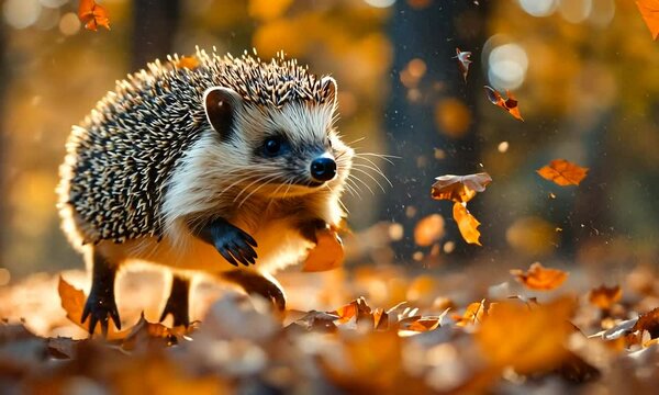 A hedgehog scurrying through a forest covered in autumn leaves, with vibrant colors in the background