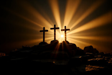 Good Friday and Easter:Jesus Christ, there are three crosses on the rock, with dramatic sunlight shining in the background.