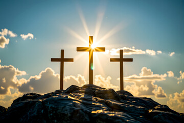 Good Friday and Easter:Jesus Christ, there are three crosses on the rock, with dramatic sunlight shining in the background.