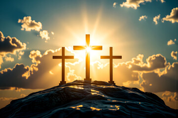 Good Friday and Easter:Jesus Christ, there are three crosses on the rock, with dramatic sunlight shining in the background.