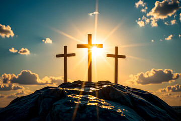 Good Friday and Easter:Jesus Christ, there are three crosses on the rock, with dramatic sunlight shining in the background.