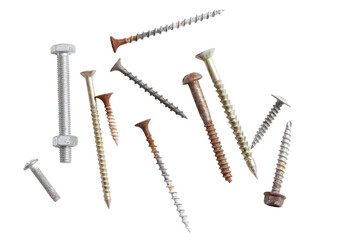 A bunch of different sized screws and bolts are scattered on a white background