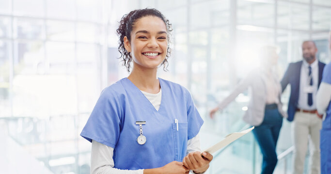 Healthcare, portrait and nurse in hospital with document, public service and confident. Woman, medical assistant or smile in clinic lobby with patient report, about us or paper for schedule checklist