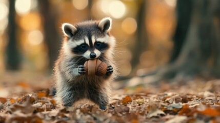 Cute raccoon holding a nut in a leafy forest