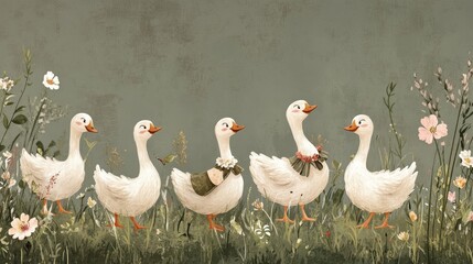 Obraz premium 110.A charming collection of cartoon geese dressed in funny outfits, surrounded by blooming wildflowers and grass, illustrated in a vintage-inspired muted color palette.