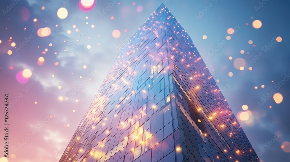 Poster skyscraper with lights rising into the sky at dusk