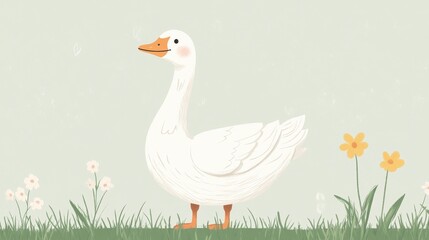 Obraz premium 87.Simple and charming depiction of a goose standing upright on a grassy field, surrounded by small flowers and blades of grass, rendered in a flat and minimalistic style.