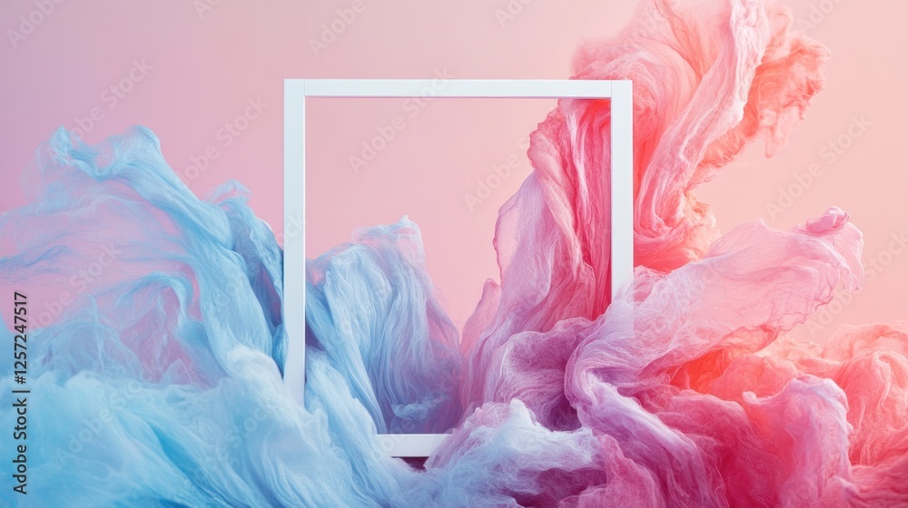Poster blue and pink flowing fabric with a square frame