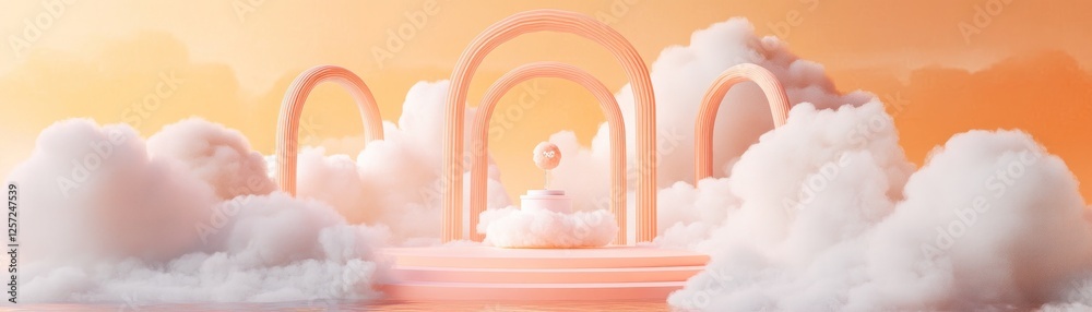 Poster Dreamy cloudscape with arches and platform for product display