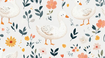 18.A charming vector pattern with cute cartoon geese, scattered flowers, and leafy elements, ideal for baby shower themes or textile designs.