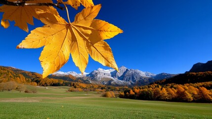 Vibrant Yellow Maple Leaf Against Majestic Mountain Landscape