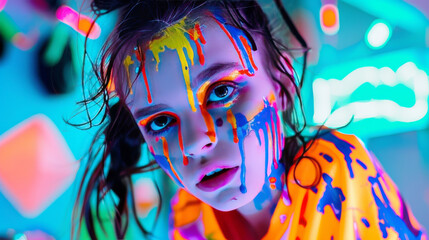 Fototapeta premium Neon Dreams: A vibrant, youthful portrait of a young girl adorned with streaks of colorful paint, set against a backdrop of neon lights. This captivating image exudes a sense of energy, creativity.