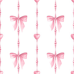 Coquette Bows, beads and hearts in pastel pink color. Isolated watercolor seamless pattern of pendants hand drawn for cutecore, girl, romantic design, textile, wrapping, fabric and scrapbooking paper.