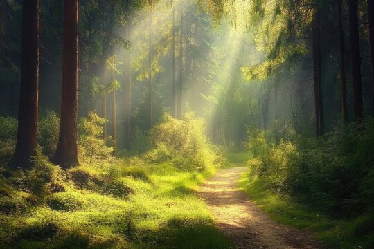 Sunbeams through misty forest path