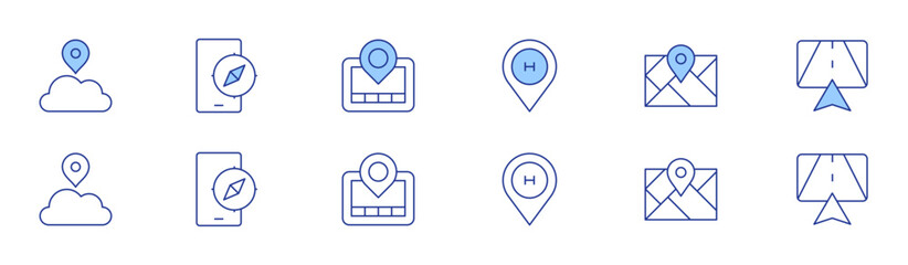 Navigation icon set in two styles, Duotone and Thin Line style. Editable stroke. hospital, map, navigator, cloud, compass, gps navigator