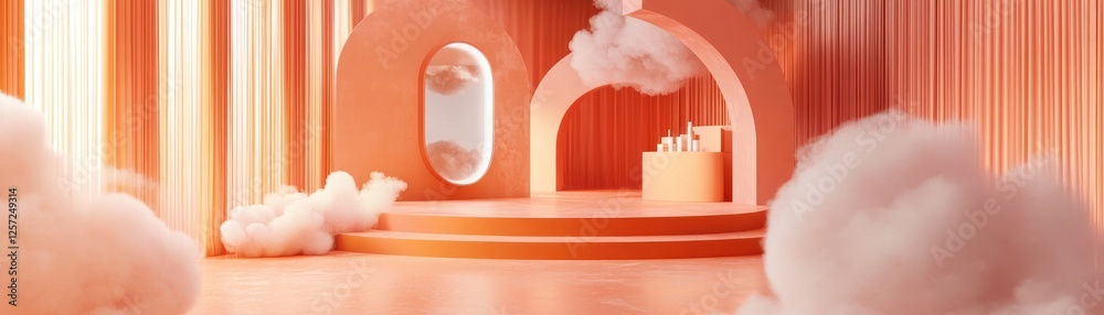 Poster Elegant peach studio backdrop featuring clouds platforms and shapes