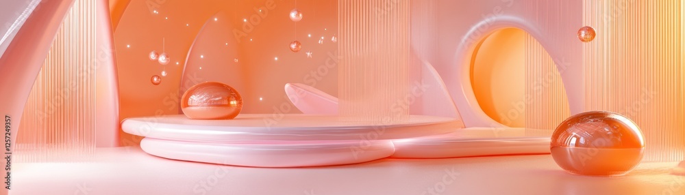 Poster Abstract peach studio backdrop with spheres and curved platforms