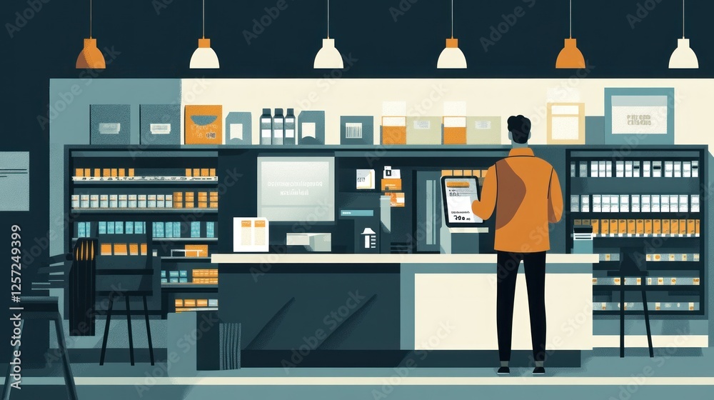 Poster person with tablet stands at a counter in a store