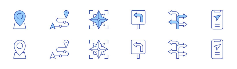Navigation icon set in two styles, Duotone and Thin Line style. Editable stroke. turn left, turn, navigation, placeholder, route, wind rose