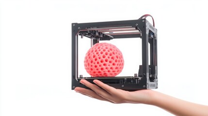3D Printer Printing Red Sphere in Hand on White Background