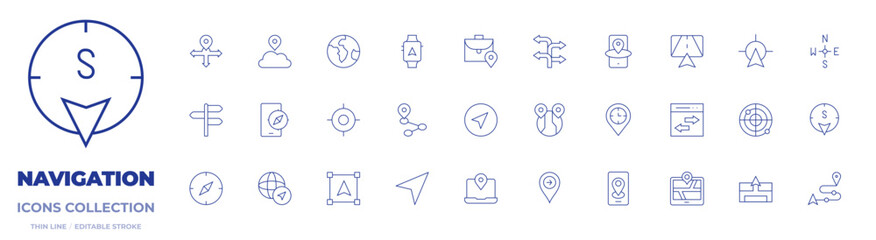 Navigation icons collection. Thin Line icons, editable stroke. globe, gps, navigator, architecture and ciy, cloud, compass, direction, pin, turn, navigation, route