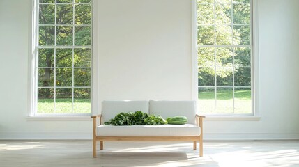 Fototapeta premium Modern Sofa with Plants and Melon, Bright Room, Sunlight Through Windows