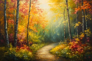 Naklejka premium Autumn forest path, sunlight, colorful trees, tranquil scene