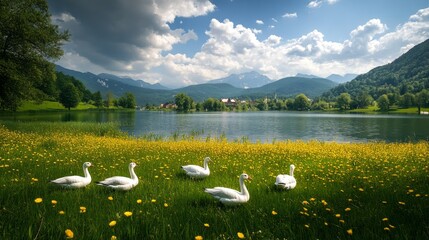 1.White geese on a green meadow near the lake in summer: