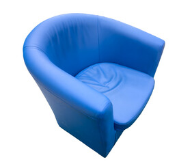 A blue chair with a leather seat