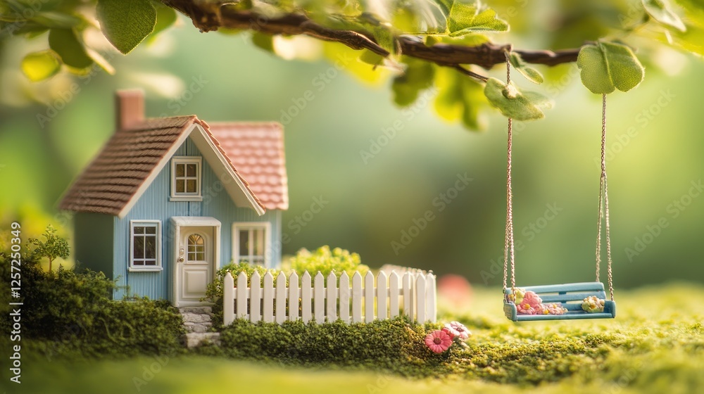 Poster miniature house with picket fence and swing under a tree