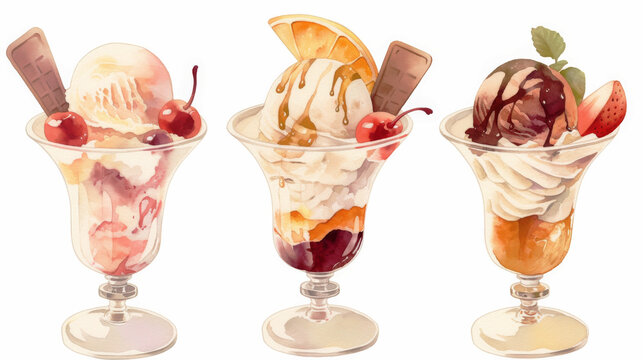 Ice Cream Parfaits Watercolor Illustration: A mouthwatering watercolor illustration showcasing three decadent ice cream parfaits, each adorned with fresh fruit, whipped cream.