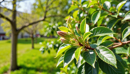 Obraz premium Cherry laurel buds emerging in vibrant garden under sunny skies, nature's growth