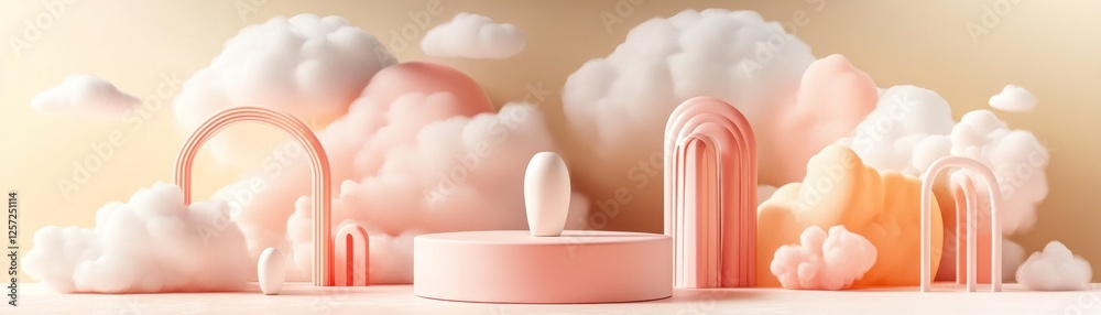 Poster Pastel abstract product display with clouds and geometric shapes