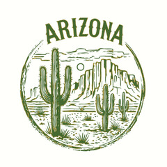 Retro style Arizona circle slogan and desert view with cactus illustration. Print design for t shirt, sticker, poster or other uses.