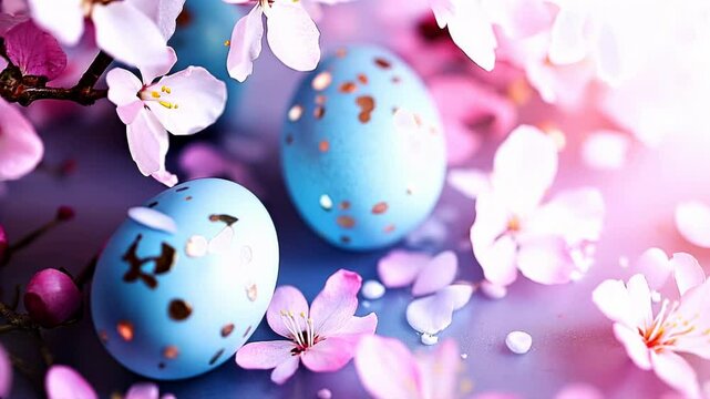 Easter eggs with gold foil and pink cherry blossoms, horizontal, perfect for spring celebrations, Easter greetings, luxury holiday content, feminine designs and seasonal decorations