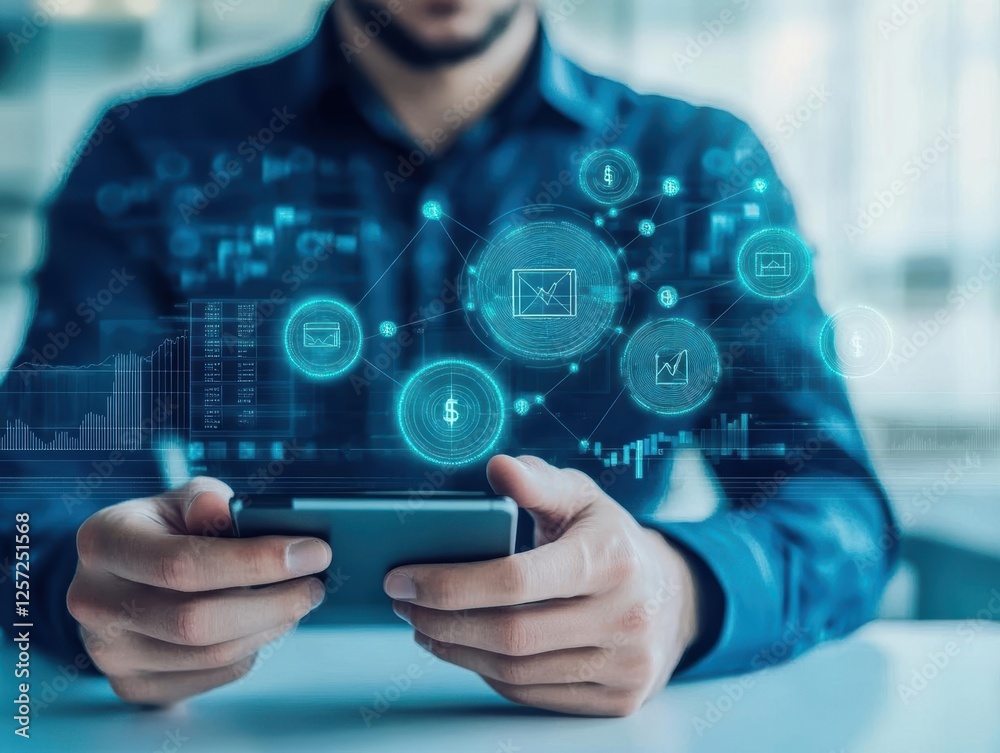 Poster Man holding smartphone displaying various application icons in bright indoor environment