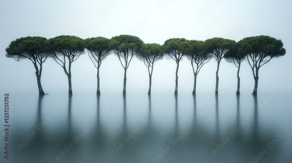 Aufkleber row of trees reflecting in misty water create symmetry