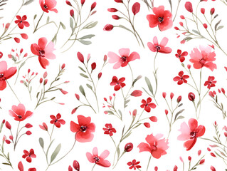 Seamless Floral Pattern with Red and Pink Watercolor Flowers