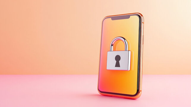 Locked Down: A silver padlock secures a modern smartphone, symbolizing digital security and data protection in a vibrant, stylized setting. 