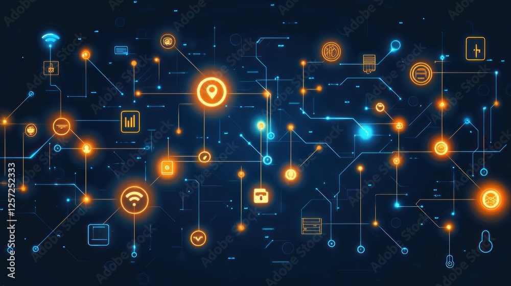 Poster Abstract network diagram showcasing interconnected technological elements and data flow