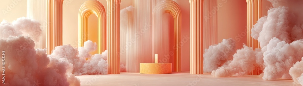 Poster candle glows amidst clouds in peach colored architectural setting